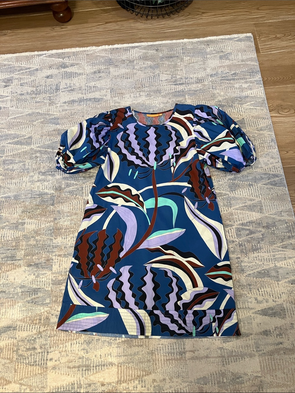 Oliphant Navy Blue Floral-Abstract Puff-Sleeve Mini Dress
